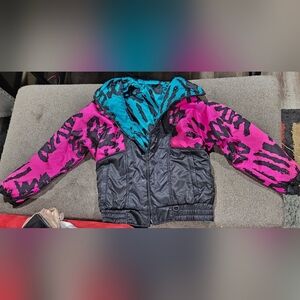 Snuggler Seattle Ski Wear Silk Jacket Neon Pink Teal Winter Reversible Puff Snow